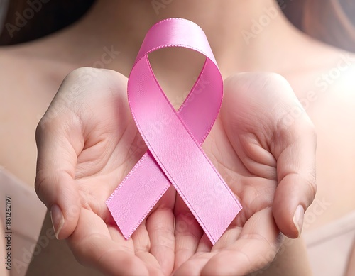 Two hands holding a pink ribbon, likely representing breast cancer awareness, against a neutral background