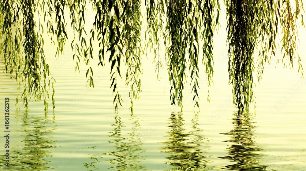 Obraz premium willow. Weeping willow branches dipping into still water, creating ripples. gardening catalogs, home-decor guides, designed for gardening and botanical catalogs, used by cybersecurity analysts.