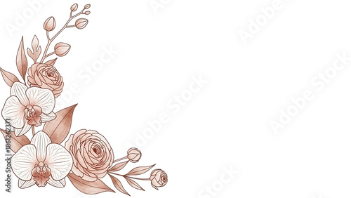 Minimal watercolor corner design featuring orchids and ranunculus in muted terracotta isolated on white background