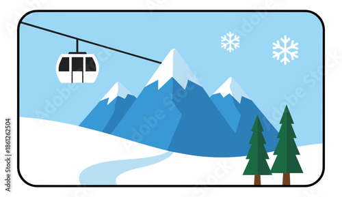 Ski resort landscape with mountains cable car snow and two pine trees.Isolated transparent background ( include cut-out PNG file )