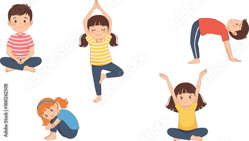Children Practicing Yoga Poses And Stretching Exercises Cartoon Vector Illustration For Fitness Mindfulness Education