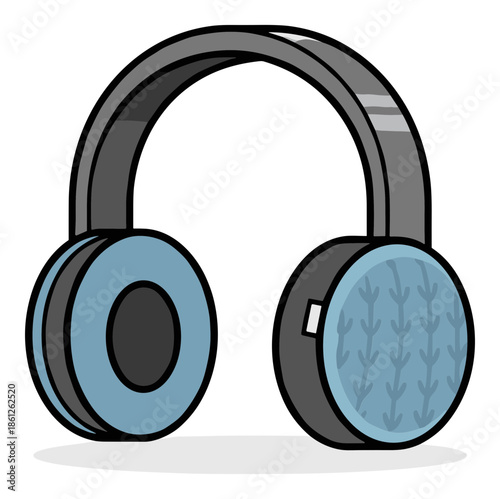 Blue and gray winter earmuffs with knit textured ear warmers. Isolated transparent background ( include cut-out PNG file )
