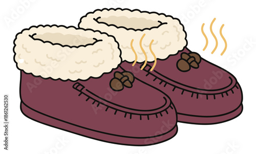 A pair of warm plush maroon slippers with soft fur lining. Isolated transparent background ( include cut-out PNG file )