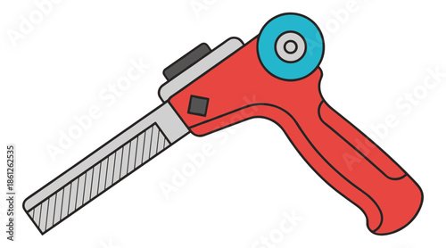 A bright red handheld tool with a serrated gray cutting blade and blue accent. Isolated transparent background ( include cut-out PNG file )