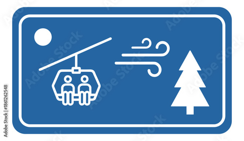 Ski resort warning sign with chairlift wind pine tree and cold weather. Isolated transparent background ( include cut-out PNG file ).