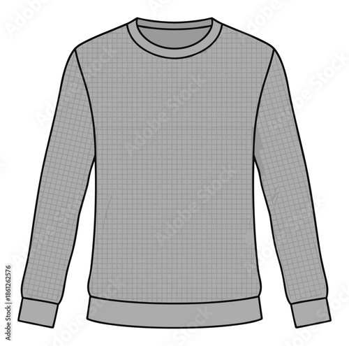 Gray long sleeved casual sweatshirt with square grid quilted texture. Isolated transparent background ( include cut-out PNG file ).