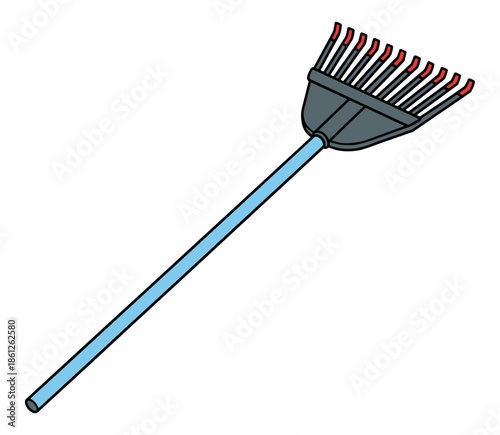 A cartoon leaf rake with a blue handle and red tipped tines for gardening work .Isolated transparent background ( include cut-out PNG file )