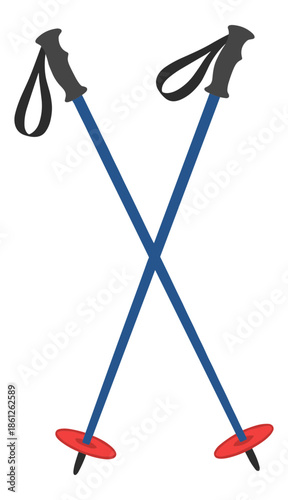 A pair of crossed blue ski poles with red baskets and black grips .Isolated transparent background ( include cut-out PNG file )
