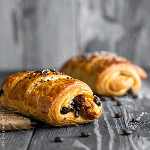 Two chocolate filled pastries sit on a grey wood surface, against a grey wood background, close-up view