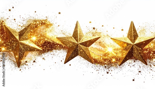 Three golden stars shine against a glittery, white background