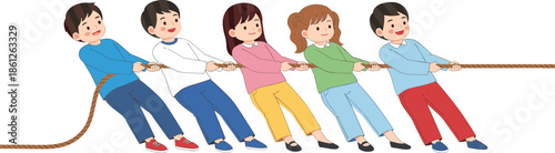 Children Playing Tug Of War Together Cartoon Vector Illustration For Teamwork Competition And Outdoor Activity Concept