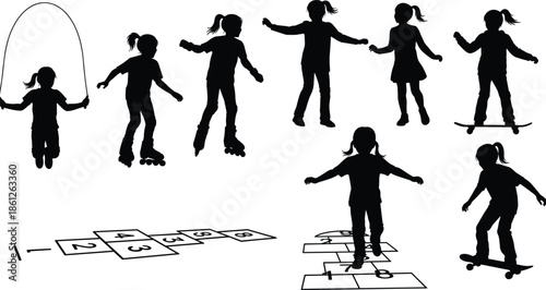 Active girl silhouettes playing hopscotch, jumping rope, roller skating, and skateboarding, outdoor childhood sports activities and playground fun vector illustration isolated on white.