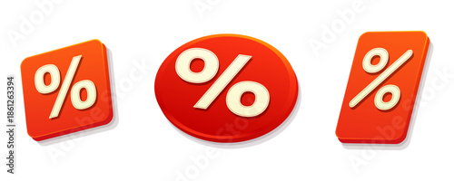 Set of 3D orange discount percentage icons and buttons