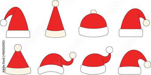 Red Santa Claus hat collection featuring various pointed cap designs with white fur trim and pompons for Christmas holiday costume vector design.