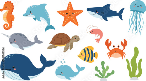 Cute sea animal character collection featuring cartoon whale dolphin shark turtle seahorse jellyfish starfish crab and narwhal for ocean wildlife and vector.