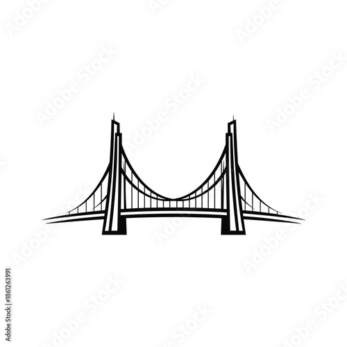 Black and white illustration of a suspension bridge