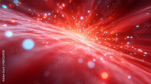Abstract red light burst with glowing streaks and particles, futuristic energy background. Concept of speed, technology, digital communication and innovation, vibrant motion design with copy space.