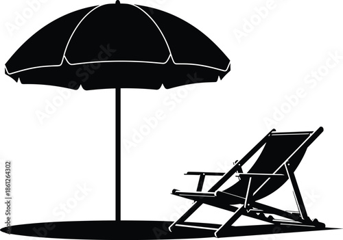 Black silhouette of a beach umbrella and deck chair on sand, summer vacation concept, tropical resort leisure, minimalist travel icon, isolated vector illustration