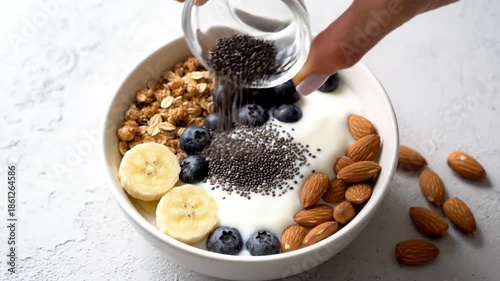 Woman adding chia seeds to healthy breakfast bowl