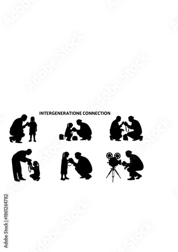 Intergenerational Connection Silhouette of Senior Teaching Child Film Photography for Analog Hobby and Family Bonding Concept Vector