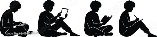 Child silhouette learning set using tablet, reading book and writing, symbolizing education, study habits, creativity and modern learning activities illustration