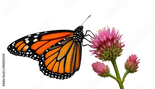  
Monarch butterfly (Danaus plexippus) feeding on pink milkweed flowers, wings partially open showing vibrant orange, black, and white patterns, fine wing scales visible, realistic insect anatomy, del