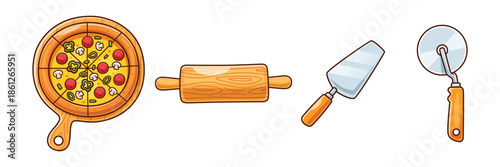 Pizza cooking illustration set with pan, rolling pin, spatula, and pizza cutter tools.
