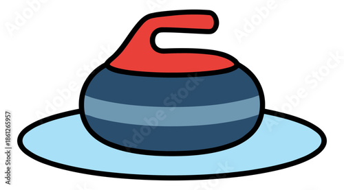 Curling stone with red handle and blue body resting on light ice surface.Isolated transparent background ( include cut-out PNG file ).