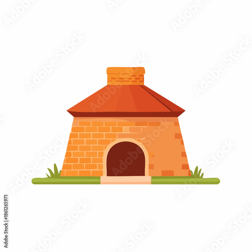 Brick Oven Structure with Arched Entrance and Chimney on Patch of Grass