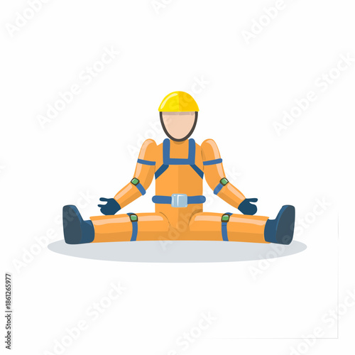 Cartoon construction worker in yellow uniform sitting stretching legs and relaxing after work. Illustration of employee doing yoga workout and resting.