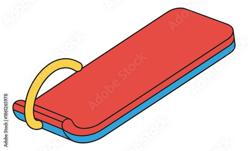 Red sled board with blue base and yellow handle for winter snow activity.Isolated transparent background ( include cut-out PNG file ).