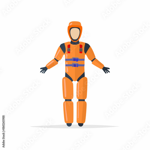 Futuristic Spaceman in Orange Suit Standing Ready for Flight or Space Mission, Arms Outstretched Slightly, Modern Design, Ready to Go
