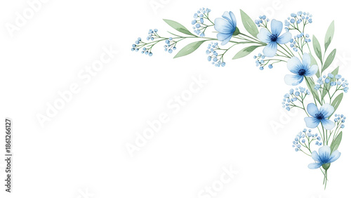 Botanical watercolor border corner with wildflowers and baby's breath in a light pastel blue color scheme isolated on white background