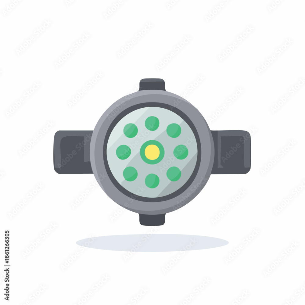 Fototapeta premium Overhead view of a grey round outdoor spotlight with multiple green LED lamps casts a soft shadow below on white