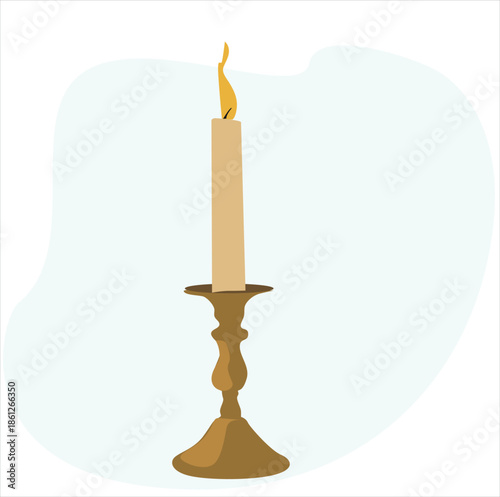 candles in gold stands. Candle in old medieval holder. Tall taper pillar candlelight in classic brass candlestick, 