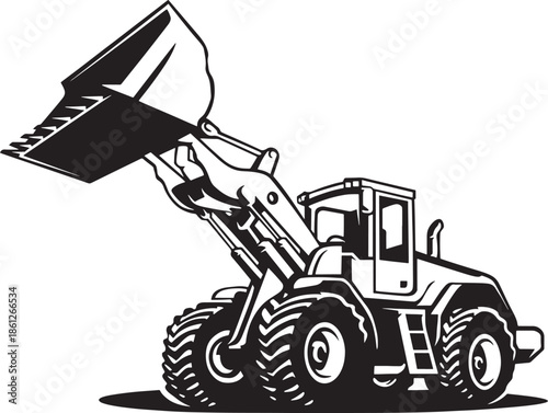 A black and white illustration of a front loader tractor