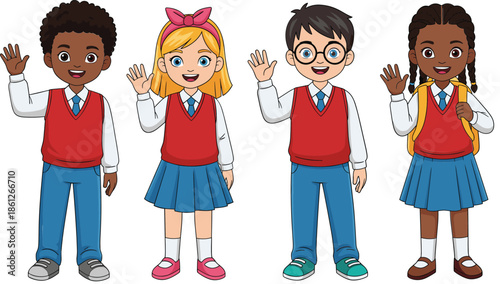 Cute Diverse School Children Wearing Uniform And Waving Hands Cartoon Vector Illustration For Education Concept