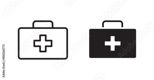 First aid kit icons, black line art and clipart vector logo