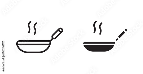Frying pan icons, black line art and clipart vector logo