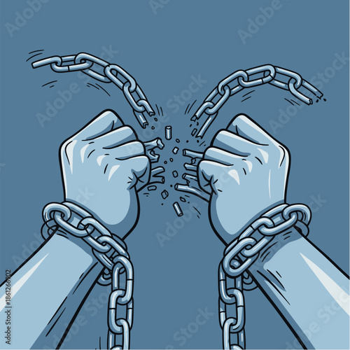 Hands breaking metal chains, symbolizing freedom and liberation, depicted with stylized line art on a blue background