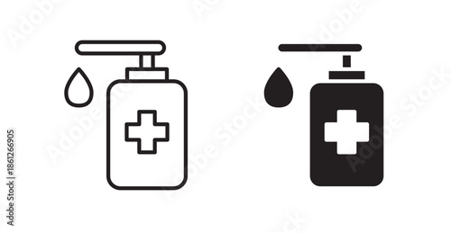 Hand sanitizer icons, black line art and clipart vector logo