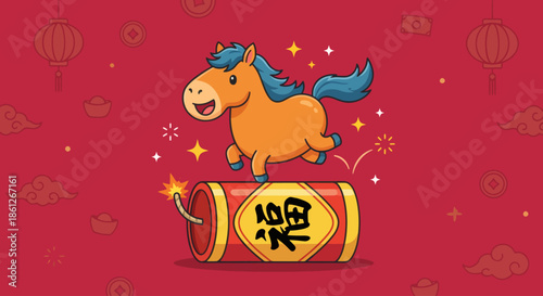 Cute cartoon horse jumping on a large Chinese New Year firecracker with festive red background and lanterns.