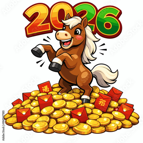Cartoon horse standing on a pile of gold coins and red envelopes with '2026' above, celebrating Chinese New Year and prosperity.