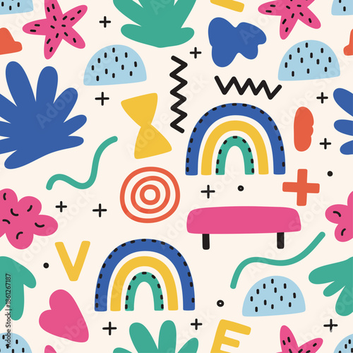 A vibrant and playful seamless pattern featuring various hand-drawn abstract shapes, rainbows, and doodles in bright colors on a light background.
