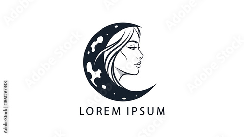 Elegant Celestial Dreamer Mystical Woman's Profile Within a Sparkling Crescent Moon Logo Design, Evoking Cosmic Beauty and Intuition