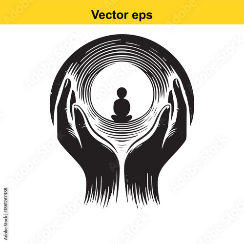 A black and white vector illustration of cupped hands protecting a meditating figure in a circle of peace