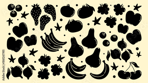 Black and white retro cartoon fruit illustrations featuring banana, orange, lemon, and strawberry. Clean 90s-inspired aesthetic with trendy monochrome stickers.