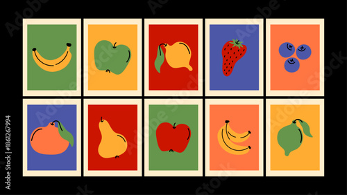 Minimalist retro fruit posters with simple shapes and bold composition. Clean vintage style fruit illustrations for modern wall decor and prints.