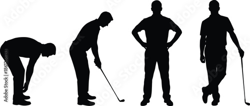 Golfer silhouette set showing different stances and poses, golf swing preparation, professional sport activity and athletic posture illustration isolated