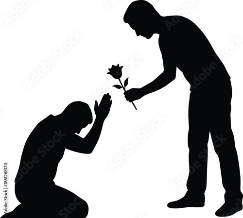 Silhouette man offering flower to kneeling person symbolizing apology, forgiveness, reconciliation, love, humility and emotional healing relationship concept illustration